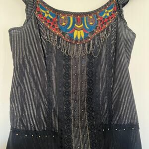 Boho Embroidered Silk Cotton Metallic Gold Stripe Tank Top Size Medium